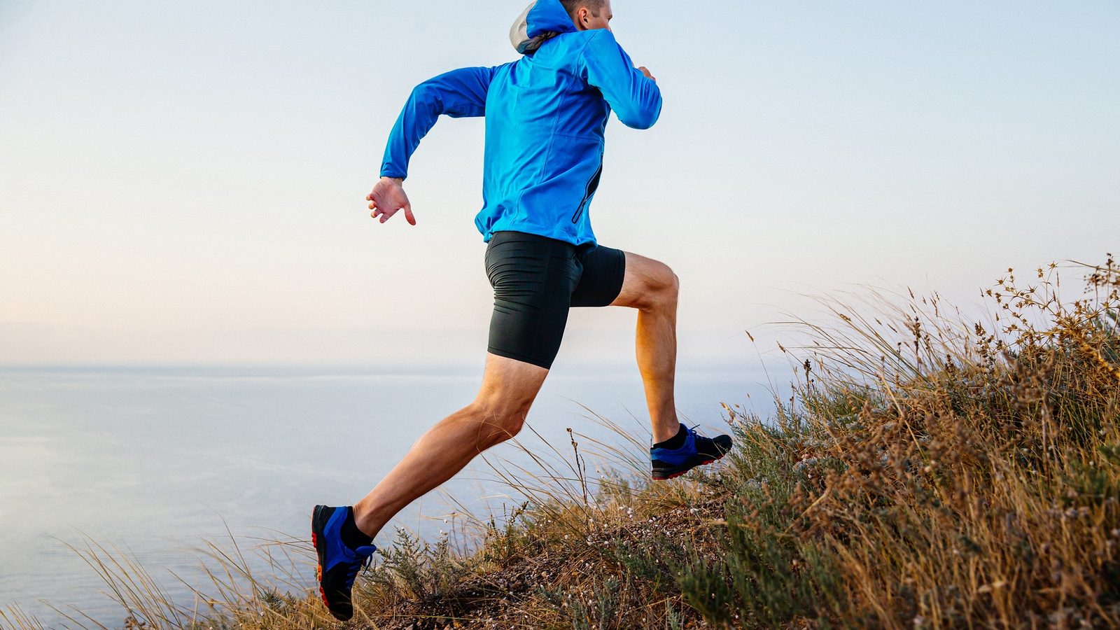 A runner on a grassy coastal path